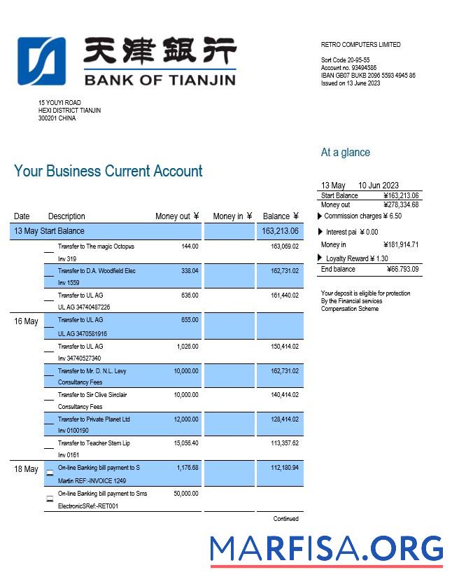 Blank Bank of Tianjin business statement Word and PDF template